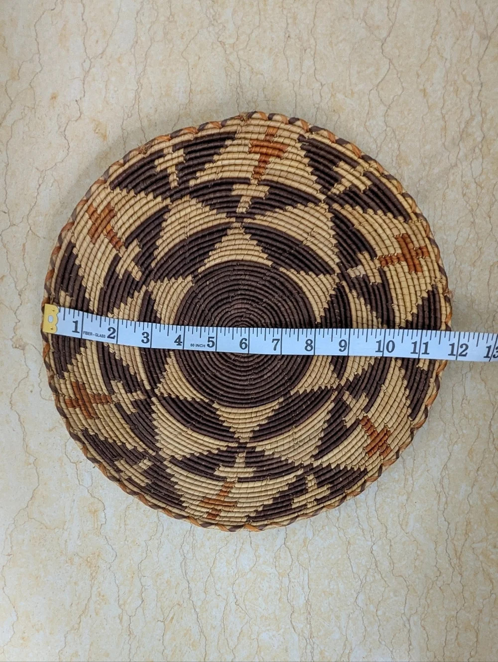 Vintage Tohono O'odham Flat Hand Woven Round Basket Tray Mid Century